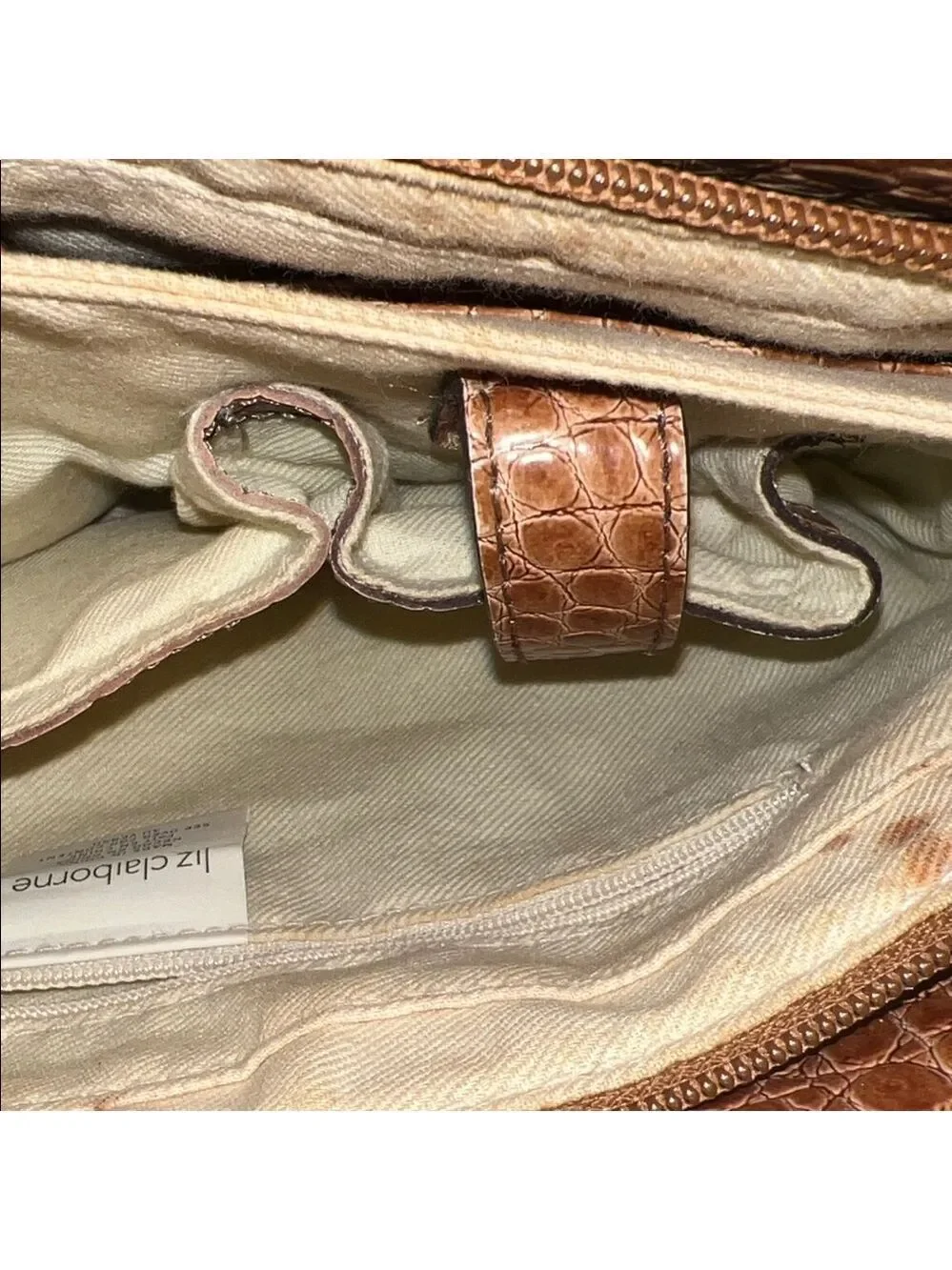 Liz Claiborne Boho Y2K Woven Straw Shoulder Bag Beige with Brown Faux Croc Trim